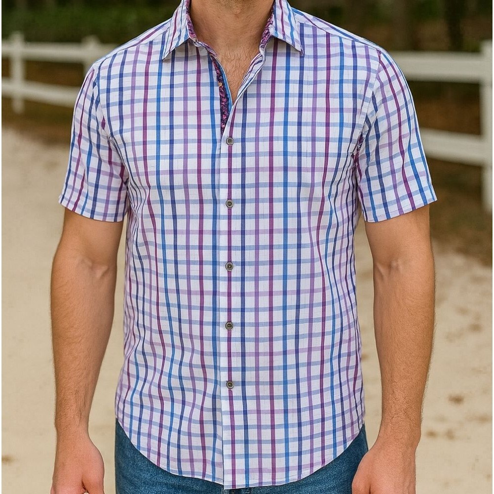 Inserch Icon Men's XL Jacquard Plaid Blue Purple Red S/S Button Up Front Shirt T